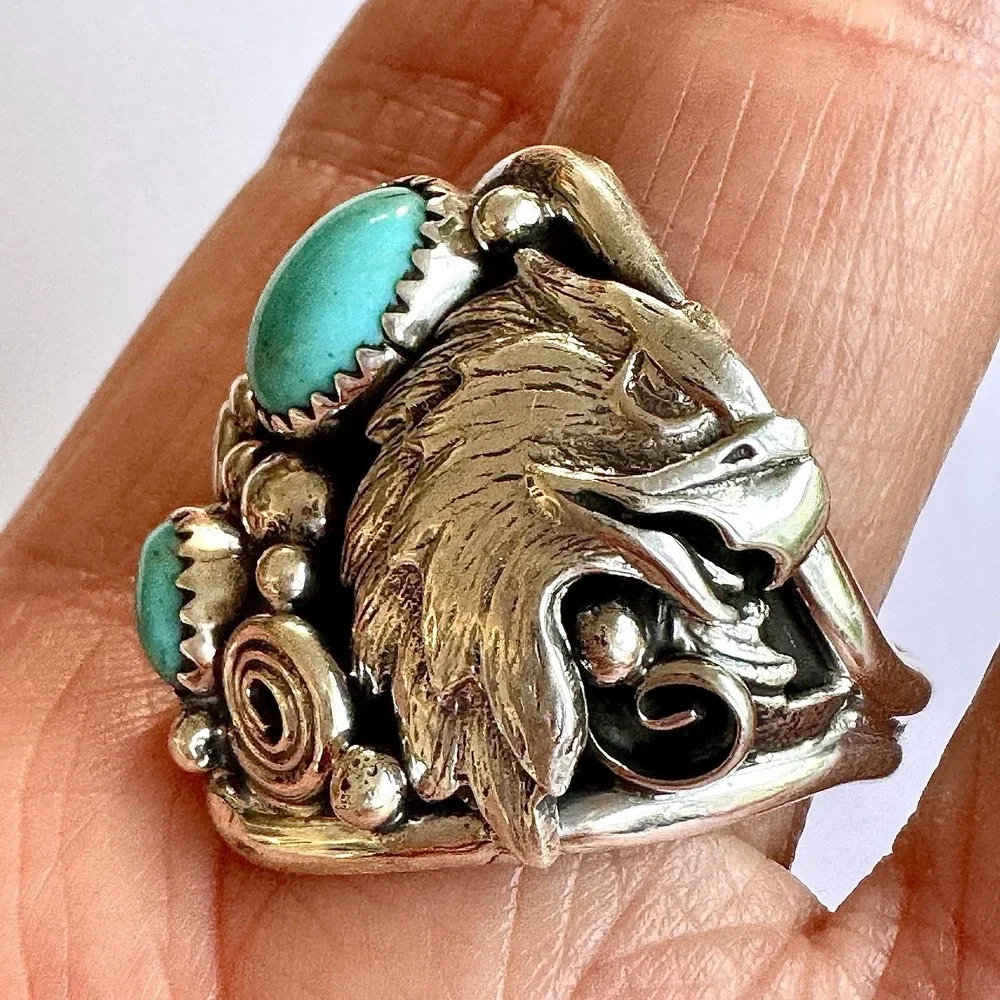 Navajo Eagle Turquoise Mens Ring Sz 12 Sterling Signed‎ DM Native American USA